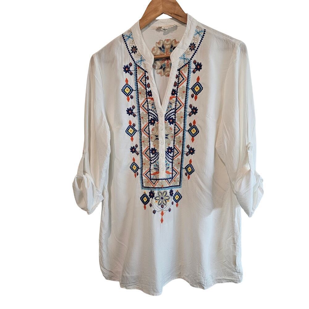 Luna Moon Blouse Womens Lg White Embroidered Floral Boho Cottage Indie Relaxed